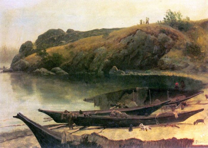 Canoes American West water landscape canvas art print by Albert Bierstadt