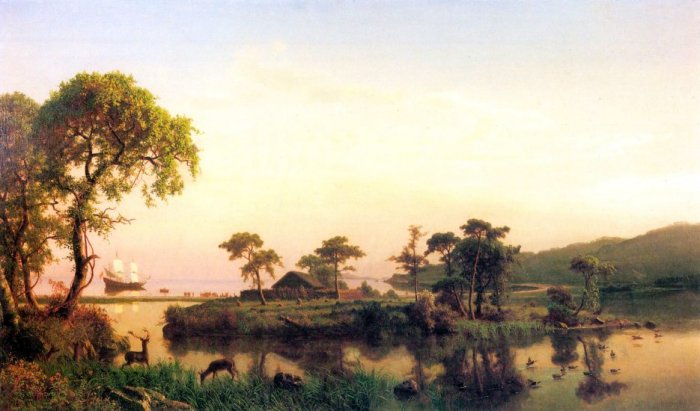 Gosnold on Cuttyhunk 1602 island Massachusetts water landscape canvas art print by Albert Bierstadt