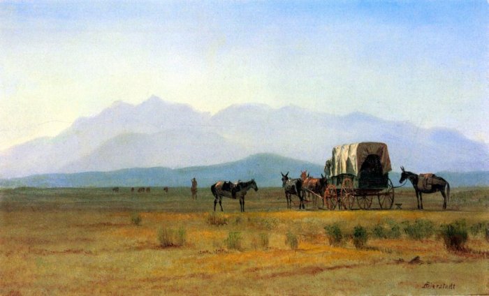 The Stagecoach in the Rockies landscape canvas art print by Bierstadt