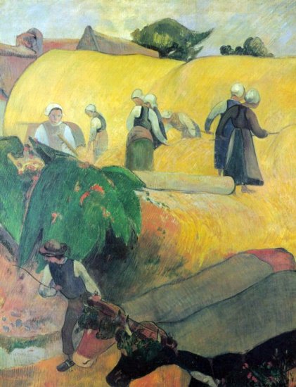 Harvest In Brittany landscape women men cows canvas art print by Paul Gauguin
