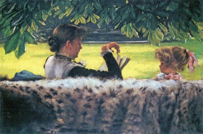 A Story Read woman girl child landscape canvas art print by Tissot