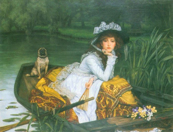 A Young Woman in a Boat dog water landscape canvas art print by Tissot