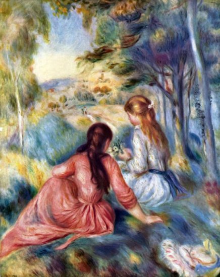 Young Girls in the Meadow landscape canvas art print by Pierre-Auguste Renoir