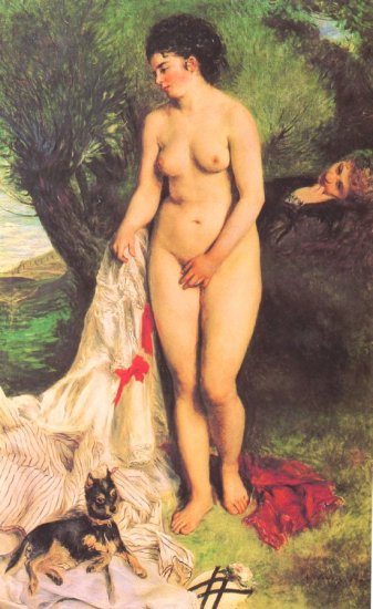 Bather with a Terrier 1870 dog woman beach canvas art print by Pierre-Auguste Renoir