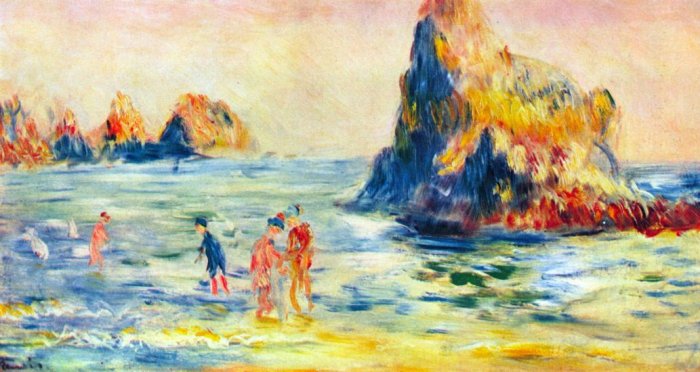 Cliffs at Guernsey seascape rock people beach canvas art print by Pierre-Auguste Renoir
