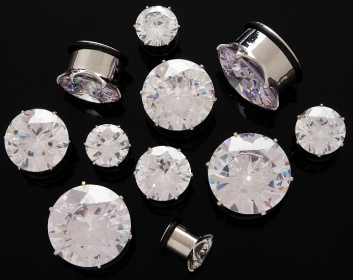Pair 00 Gauge Clear CZ Cubic Zirconia Bling Plugs 9mm