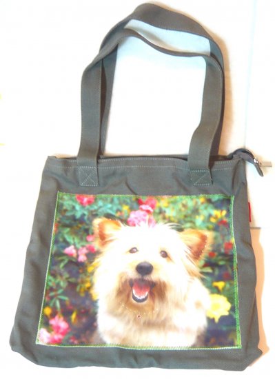 Cute shoulder bag shopping tote purse white dog puppy print blue