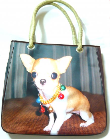 Cute ladies shoulder bag tote purse dog print brown handbag