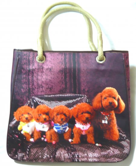 Cute ladies shoulder bag tote purse dog puppies family print brown handbag