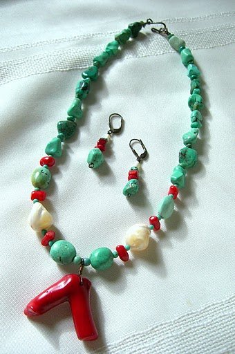 Coral Pendant with Mixed Natural and Chalk Turquoise Beaded Necklace 3007