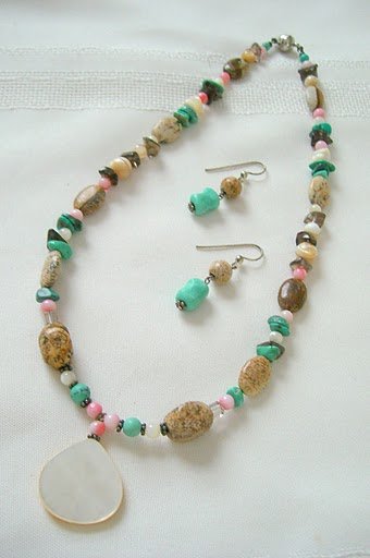 Mother-Of-Pearl Pendant, Sponge Coral, Picture Jasper, Smoky Quartz andTurquoise Necklace set 3059