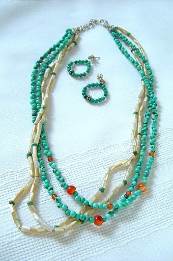 SIMPLY SUMMER Blue Turquoise, Carnelian, and Mother-Of-Pearl Necklace Set 3106