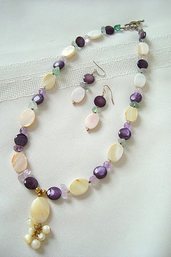 Mother of Pearl Pendant, Purple Shell Coin, and Fluorite Necklace Set 3221