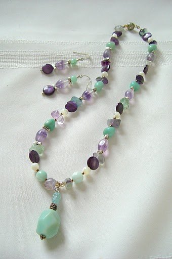 Amazonite Sterling Silver, Mother of Pearl, Fluorite and Purple Shell Coin Bead Necklace Set 3224