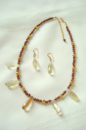 Rutilated Quartz Faceted Teardrop Pendants, Goldstone Necklace Set 3239