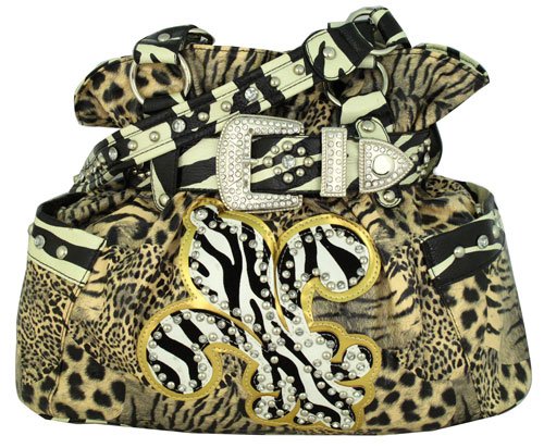 Brown Animal Print with Zebra Fleur de Lis Buckle Satchel