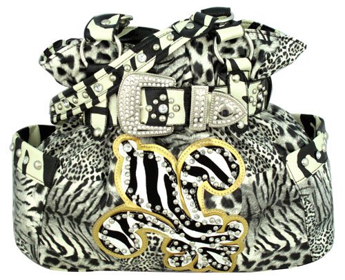 Black Animal Print with Zebra Fleur de Lis Buckle Satchel