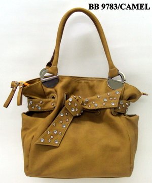 Camel and Stone Tie Tote Handbag - WITH COSMETIC CASE