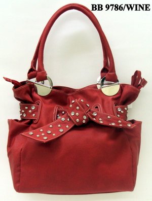 Wine and Stone Tie Tote Handbag - WITH COSMETIC CASE