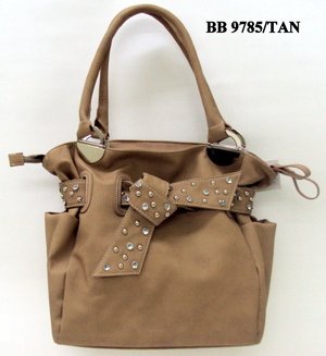 Tan and Stone Tie Tote Handbag - WITH COSMETIC CASE