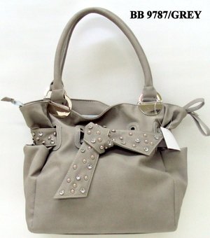 Grey and Stone Tie Tote Handbag - WITH COSMETIC CASE