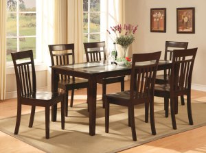 Capri table with temped glass & 6 wood seat chairs in cappuccino SKU#: C7G-CAP-W