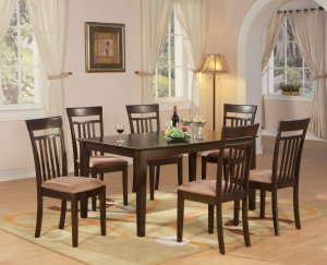 Capri solid top table with 6 wood seat or upholstery chairs in cappuccino SKU#: C7S-CAP