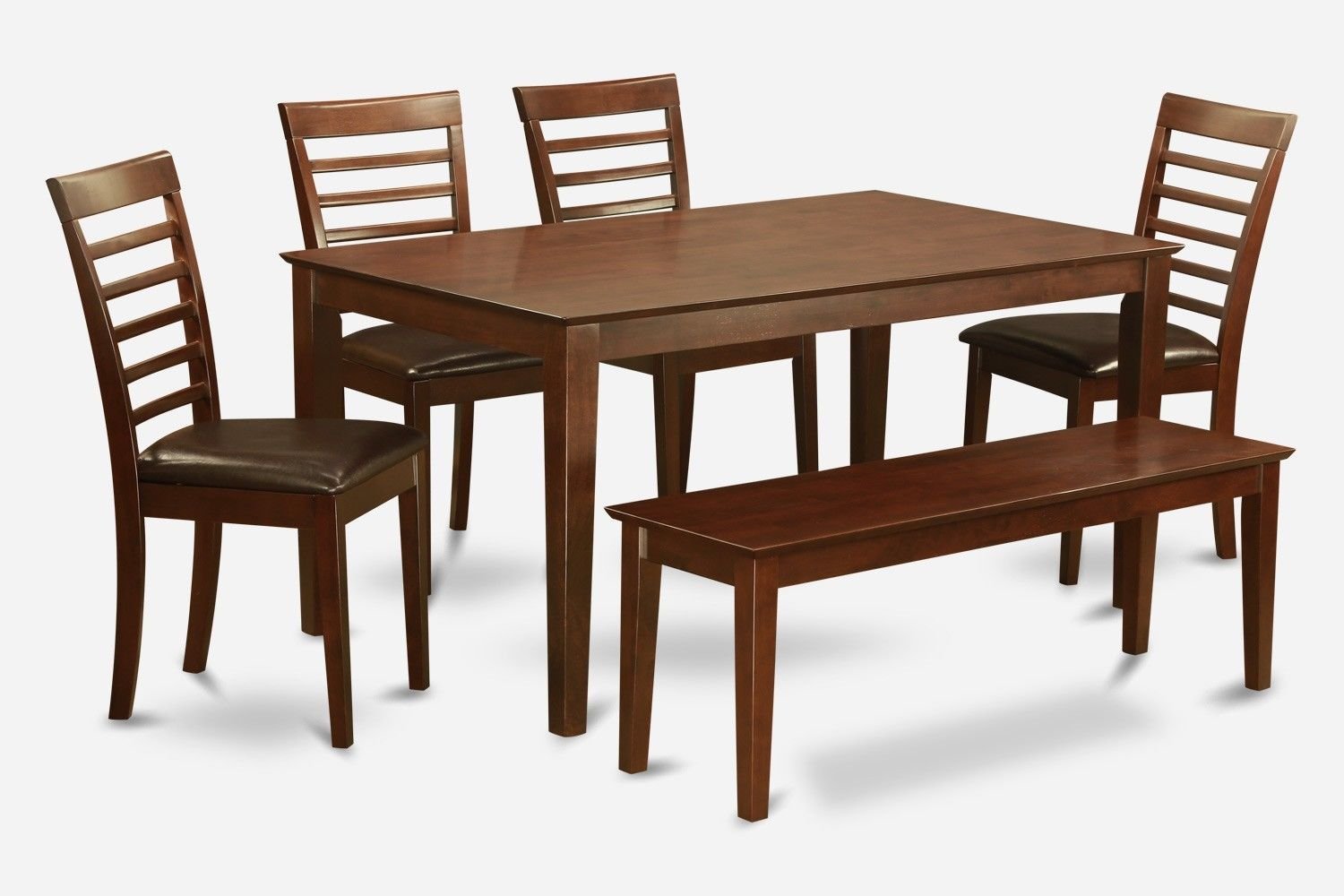 6PC SET CAPRI TABLE w/ 4 MILAN LEATHER CHAIRS & 1 WOOD SEAT BENCH IN MAHOGANY SKU# CAML6C-MAH-LC
