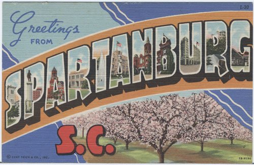 PZLL Spartanburg SC Large Letter Linen Postcard 1942 Curteich