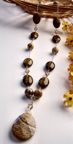 N0549 - NECKLACE WITH NATURAL BROWN TIGER EYE BEADS AND JASPER BEADS - SWAROVSKI CRYSTAL