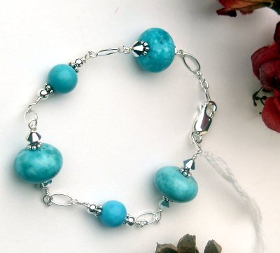 B001 - BRACELET WITH AUTHENTIC BLUE TURQUOISE WITH SWAROVSKI CRYSTAL (FREE SHIPPING) (SOLD)