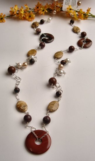 N0618 - NECKLACE WITH AUTHENTIC BROWN OBSIDIAN CIRCLE WITH JASPER AND SHELL (FREE EARRINGS)