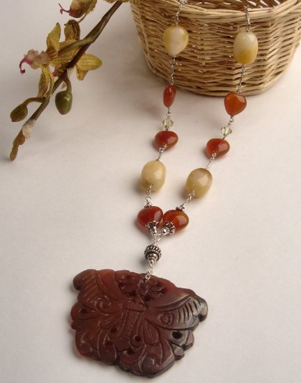 N0594 - NECKLACE NATURAL AVENTURINE RED HEARTS - YELLOW JADE - SWAROVSKI CRYSTAL