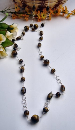 N0613 - NECKLACE WITH NATURAL BROWN TIGER EYE BEADS (FREE EARRINGS)