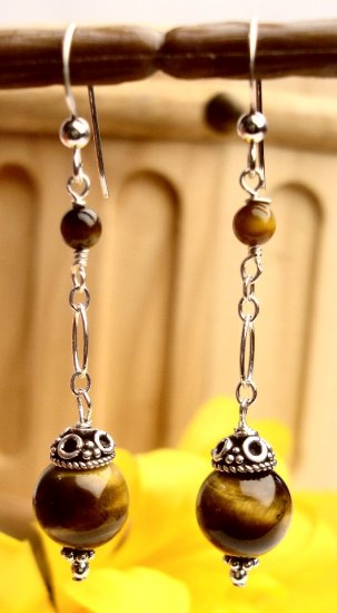 E0029 - EARRINGS WITH NATURAL TIGER EYE BEADS (FREE SHIPPING)