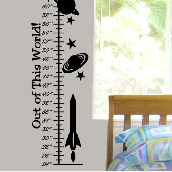 Kids Growth Chart wall decal with space ship, planets and stars boy or girls bed room