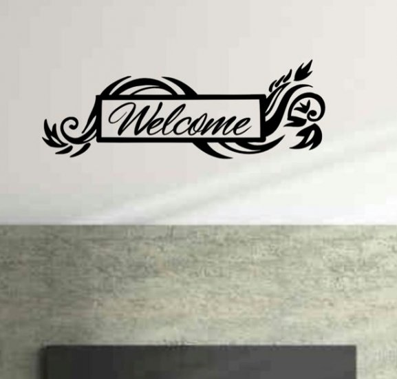 Floral framed welcome wall decal 10 inches tall by 28 inches wide.