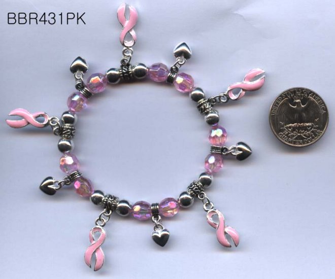 Pink ribbons w/silver hearts beaded bracelet