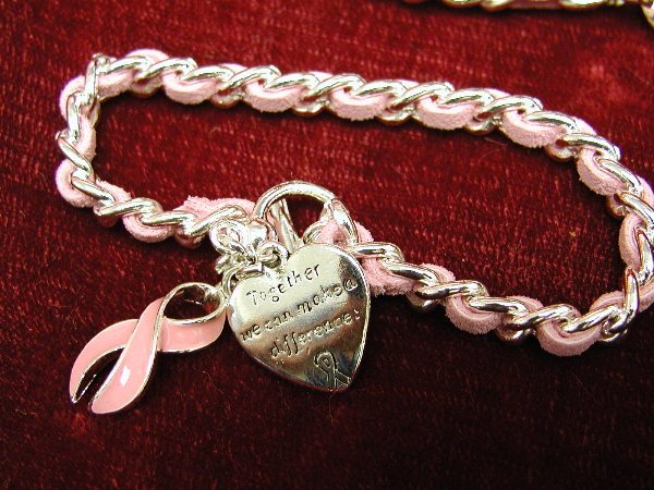 BREAST CANCER Pink Suade band w/Silver Heart Toggle