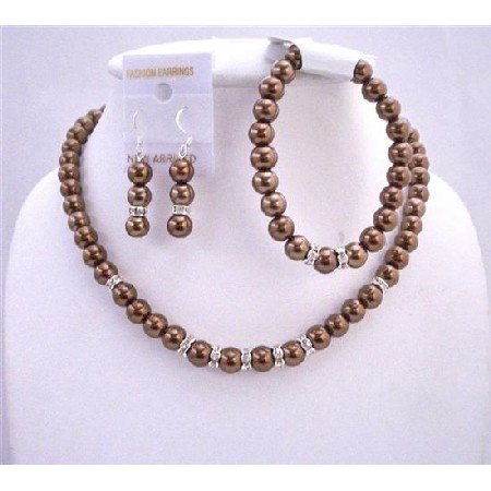 Bronze Brown Bridal Bridemaides Jewelry Set Complete Set w/ Stretchable Bracelet & Silver Rondells