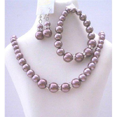 Bridal Bridemaides Simulated Burgundy Pearls Necklace Set w/ Stretchable Bracelet Silver Earring