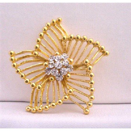 B210 Stylish Trend Gold Brooch w/ Size 2 x 2 & Decorated w/ Cz In The Center