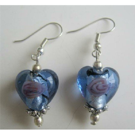 ERC371 Blue Heart Millefiori Self Designed Bead Earrings w/ Bali Silver Sterling Silver Earrings