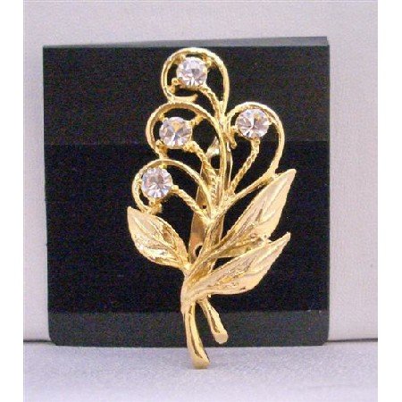B215 Beautiful Gold Bouquet Brooch w/ Golden Leaf & Cubic Zircon Brooch