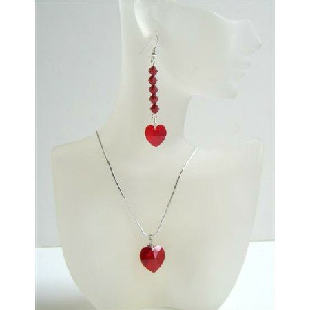 Red Siam Crystals Heart Pendant & Earrings Genuine Swarovski Crystals Heart