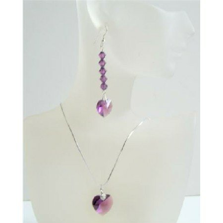 Romantic Jewelry Amethyst Swarovski Crystals Heart Pendant & Earrings Handmade Heart Jewelry Set
