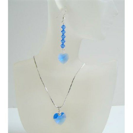 Lite Sapphire Crystals Heart Pendant Adorable Jewelry Set w/ Heart Pendant & Earrings