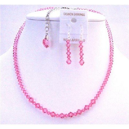 Back Drop Down Crystals Heart Necklace Set Swarovski Rose Pink Crystals Back Drop Heart