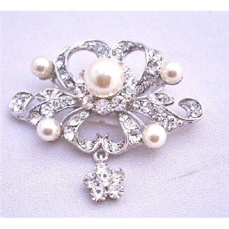B262 Silver Brooch Fully Encrusted w/ Rhinestones Pearls & CZ Flower