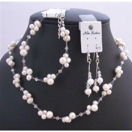 Freshwater Pearls Clear Crystals Bridal Bridemaids Jewelry Set Genuine Swarovski Clear Crystals Set